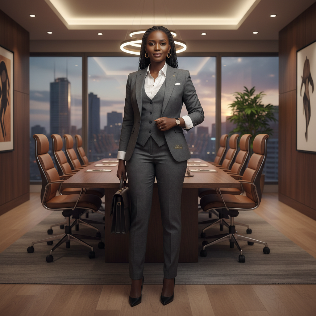 Young professional confidently presenting in a modern boardroom, bright corporate setting, engaged audience, dark polished table
