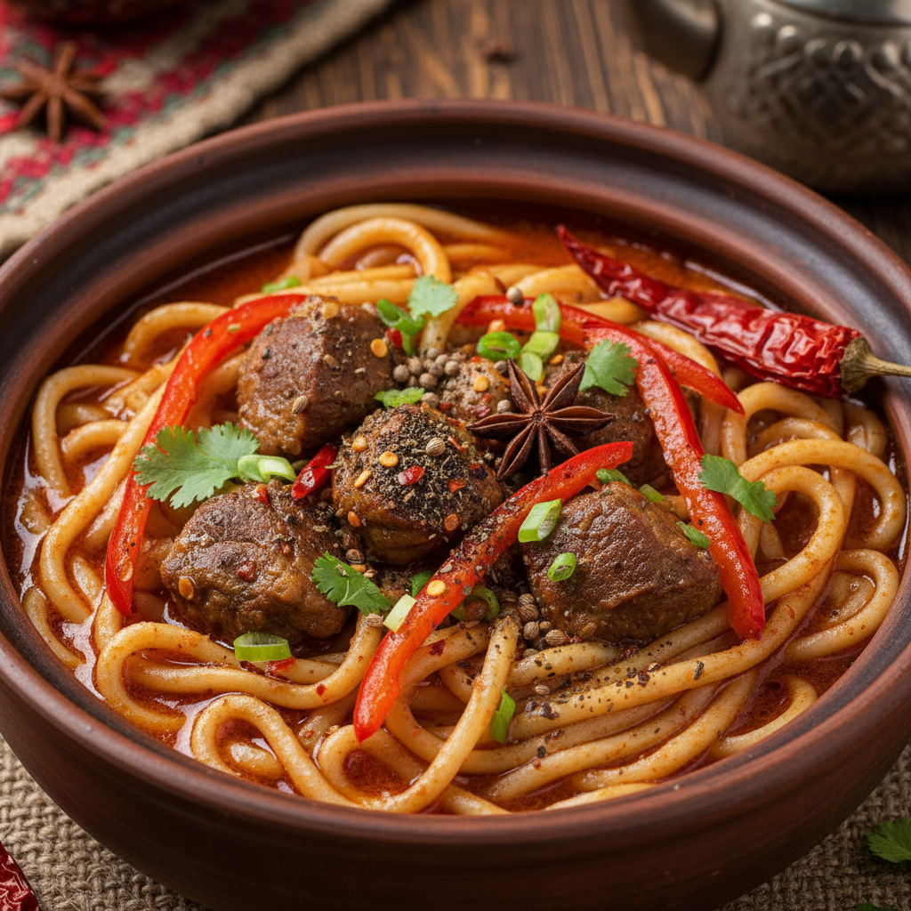 Bowl of hand-pulled lagman noodles with lamb and vegetables in spiced broth
