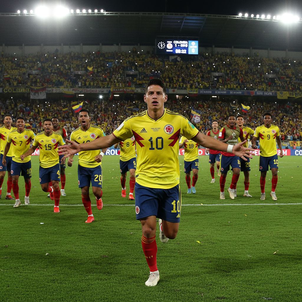 Colombian football player celebrating goal with team in yellow jersey