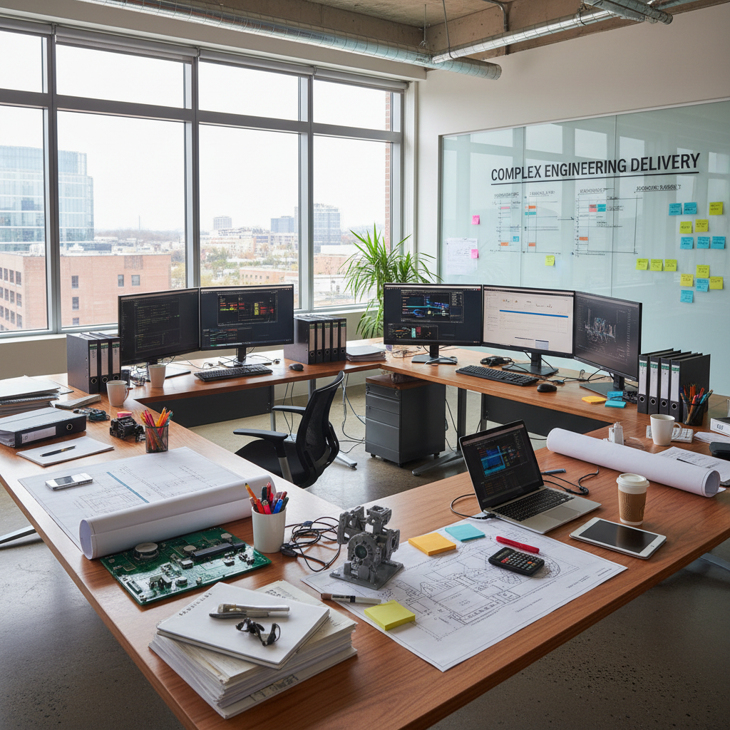 Organized stack of professional engineering documents and technical specification binders on a workspace