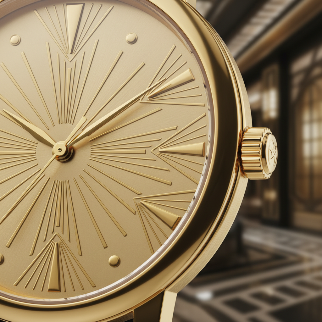 Deco Medallion — Art Deco wall clock, 22 inches diameter, Champagne lacquer with deco fan-pattern indices and baton hands