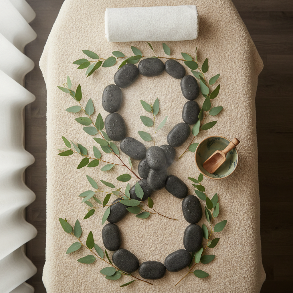 Overhead view of hot stones and eucalyptus leaves arranged on spa table