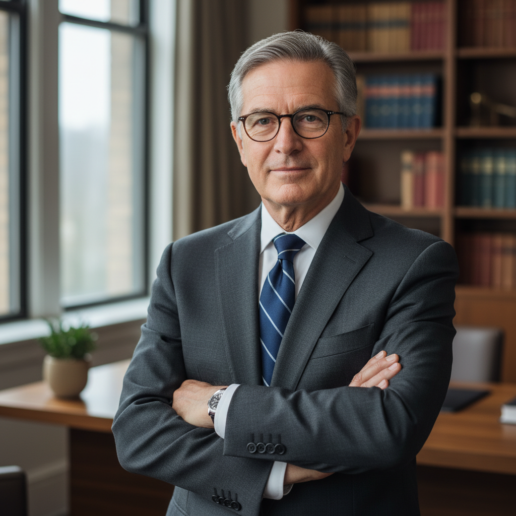 Distinguished senior male advisor with silver hair in premium business attire