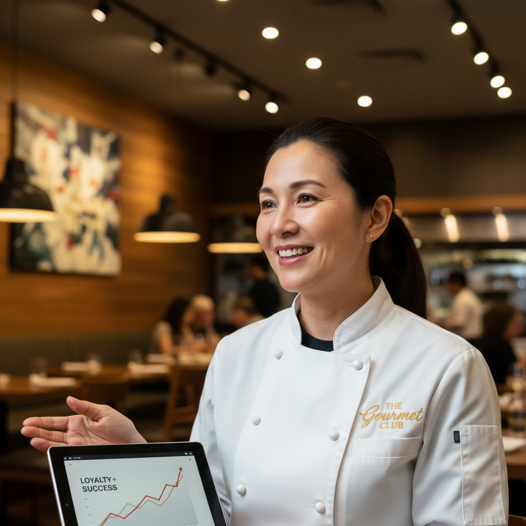 Restaurant owner reviewing customer loyalty programme data on tablet, modern café setting with soft warm lighting