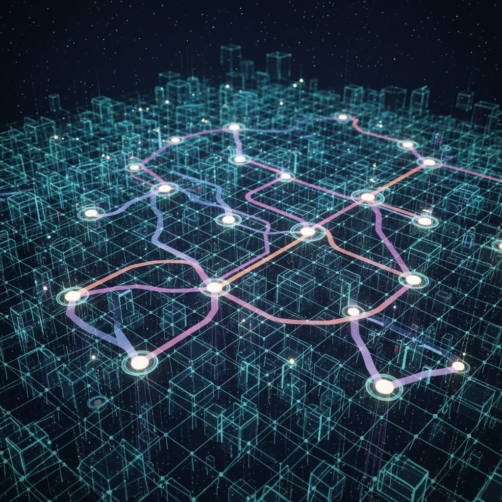 Dark global network map with glowing connection nodes and deep space atmosphere