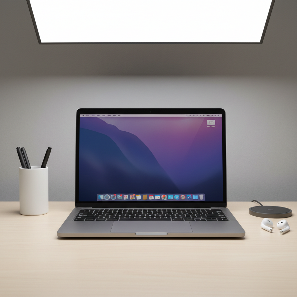 MacBook Pro laptop open on white desk, silver aluminum body, bright clean workspace