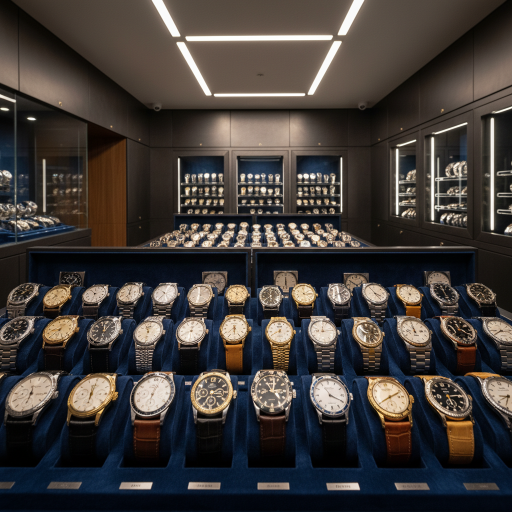 Interior of climate-controlled watch vault showing rows of vintage timepieces on velvet display