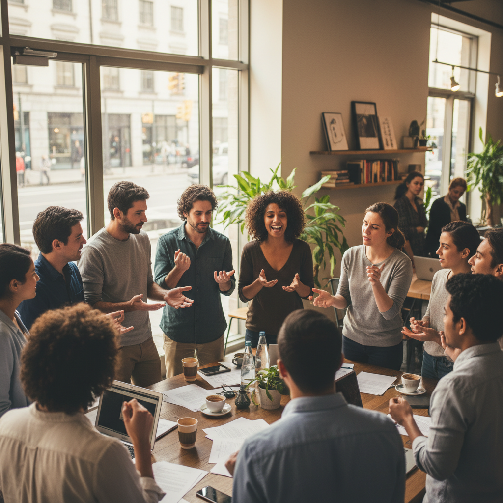 Group of people in warm meeting room, gathered around table, collaborative discussion, natural light, community feel