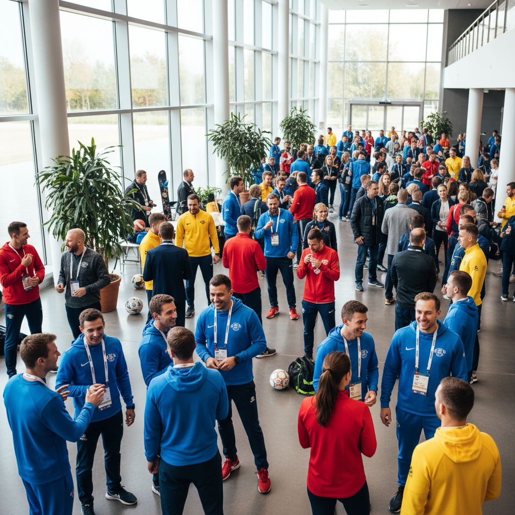 International sports professionals networking at a major sporting event