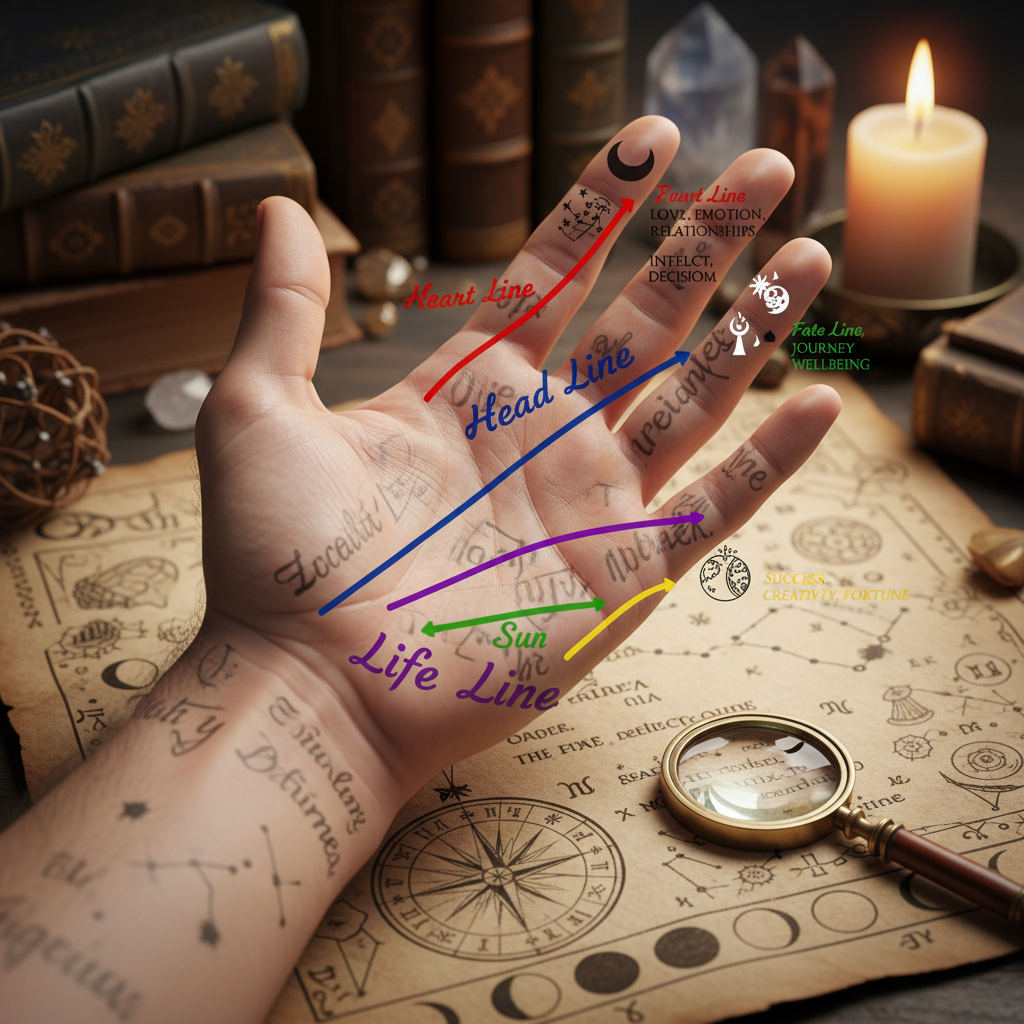 Palmistry guide showing hand lines and their meanings for life predictions