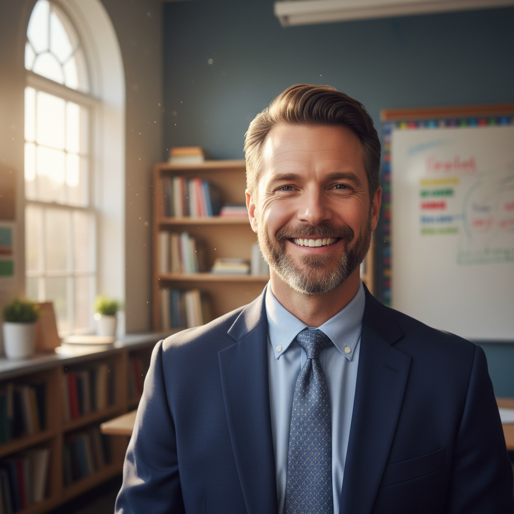 Male educator smiling confidently in classroom