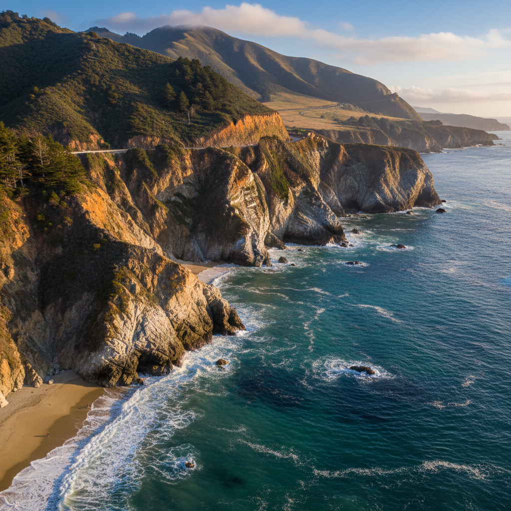 Pacific Coast Highway winding along dramatic California cliffs, turquoise ocean below, golden hour light, empty road stretching into distance, moody coastal atmosphere