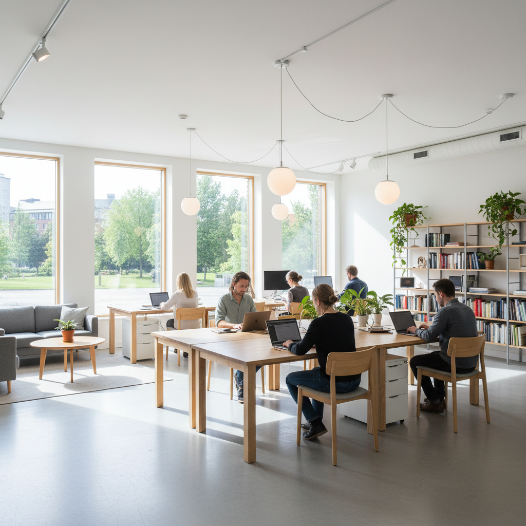 Modern Nordic commercial workspace with floor-to-ceiling fjord views, acoustic panels, and warm ambient lighting