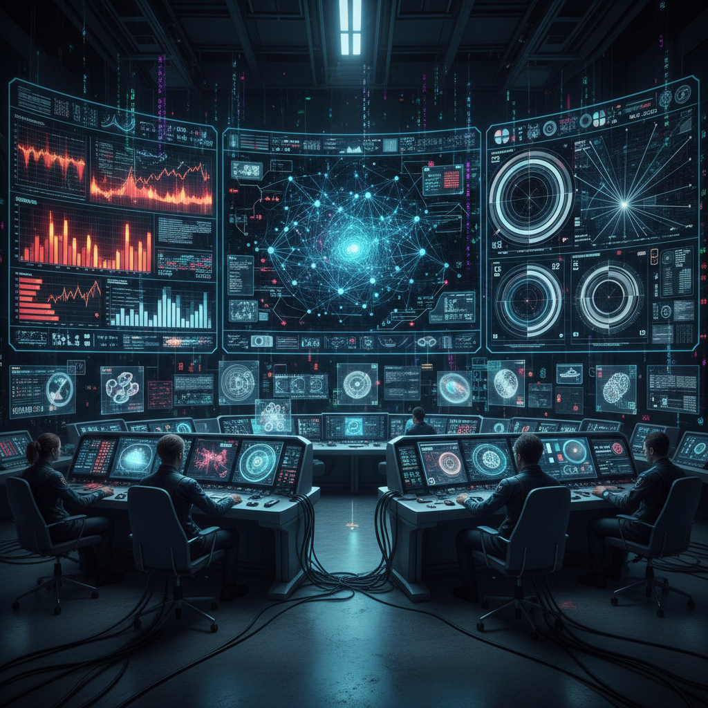 Security monitoring screens in dark control room with red indicator lights