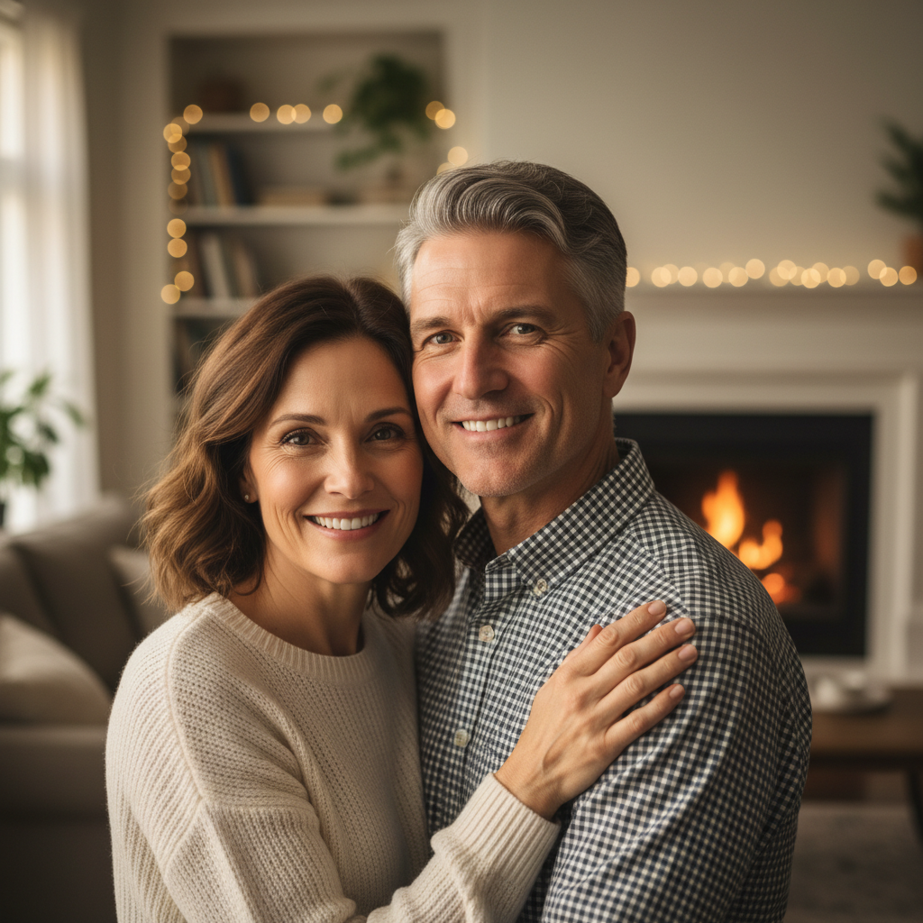 Smiling couple in their 40s, bright casual setting, warm natural light
