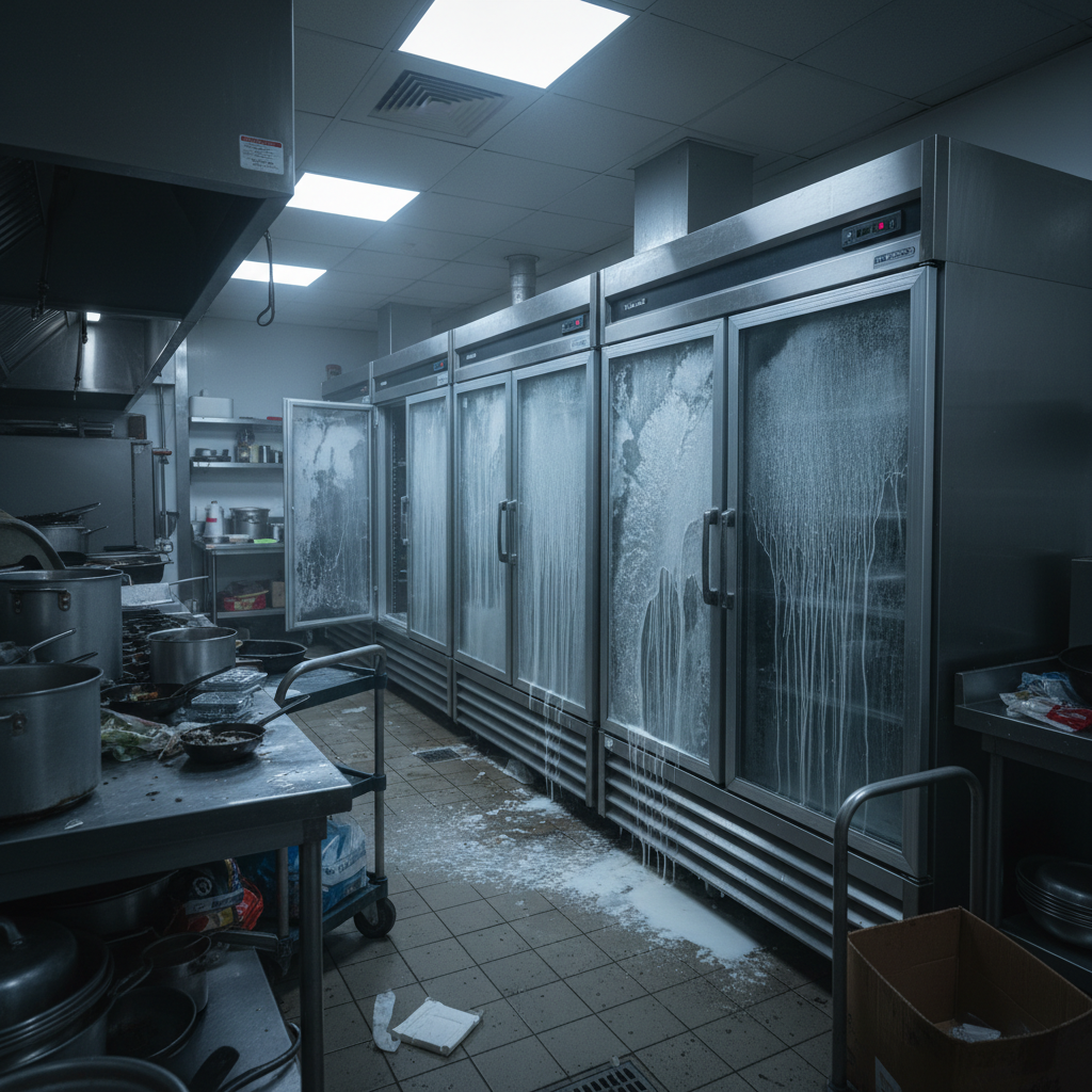 Commercial kitchen with failing refrigeration units, condensation visible