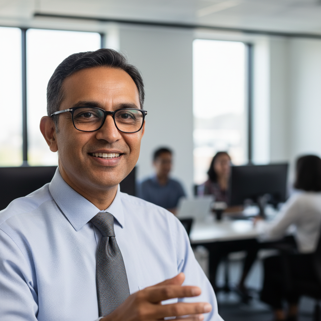 Indian man with glasses smiling against white background