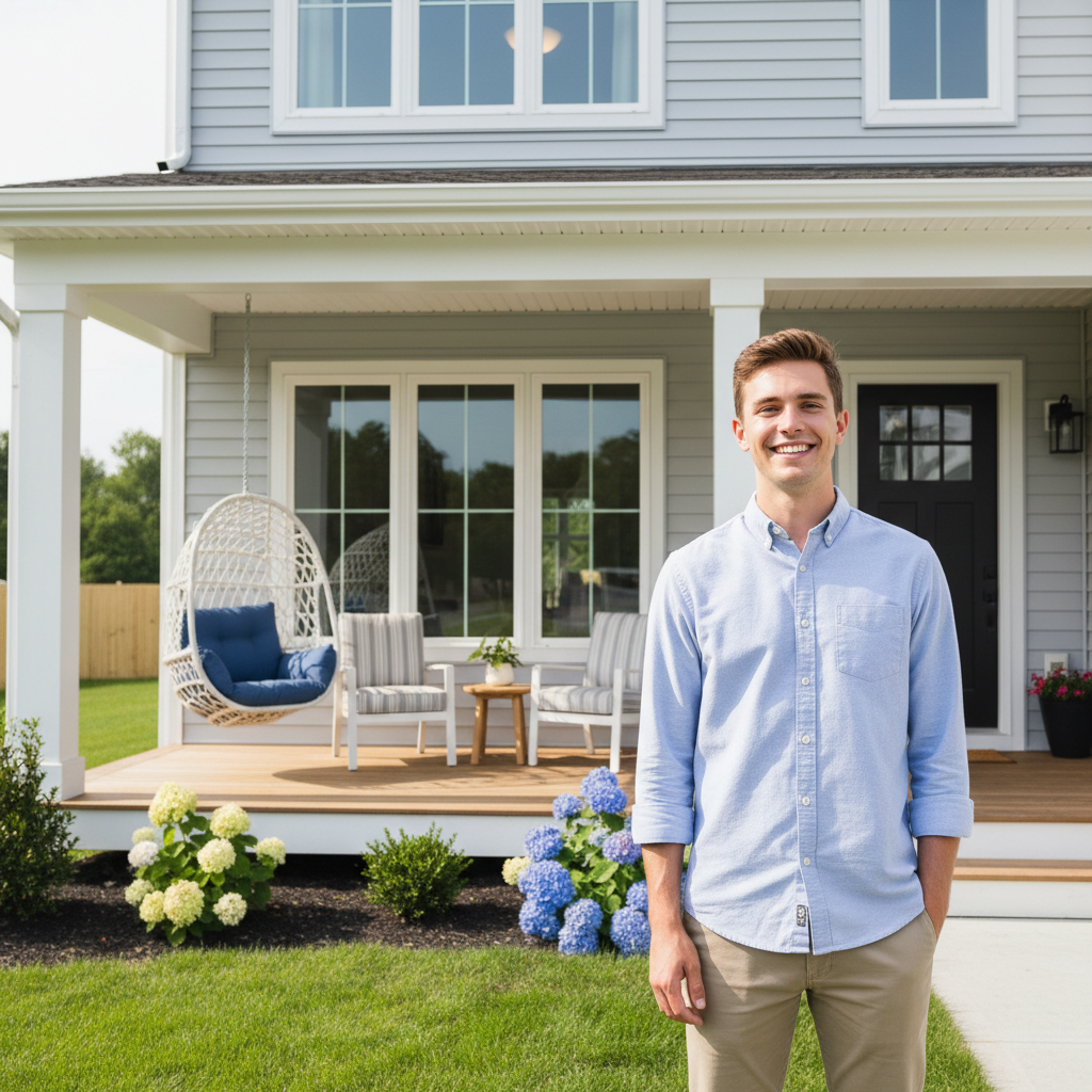 Young man smiling in front of a new home with porch furniture in Austin Texas