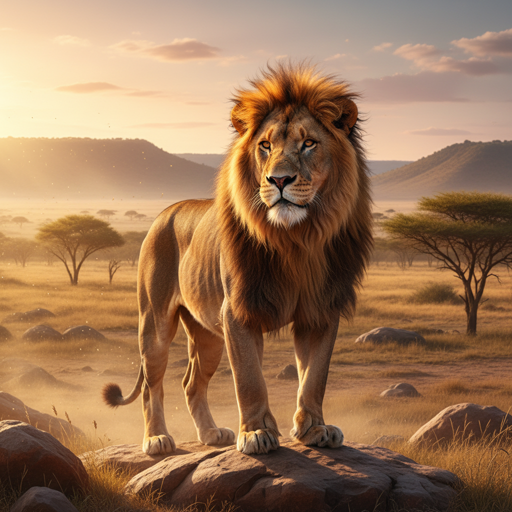 Lion standing on a rock at golden sunset with savanna landscape in background