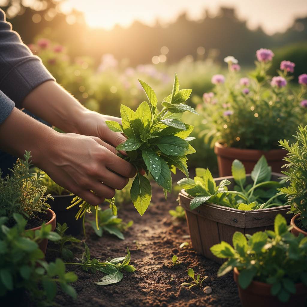 Hands harvesting fresh herbs at dawn on a Qatari farm, dew still visible on green leaves