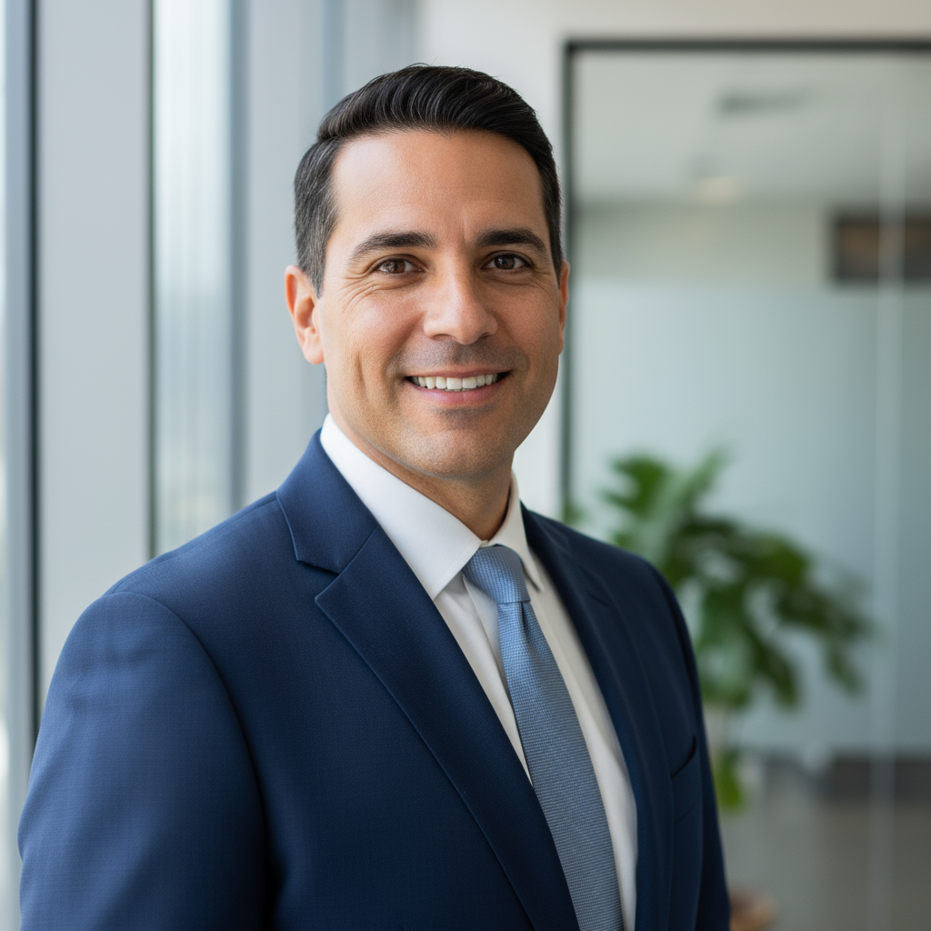 Hispanic businessman with short dark hair in navy suit with confident expression