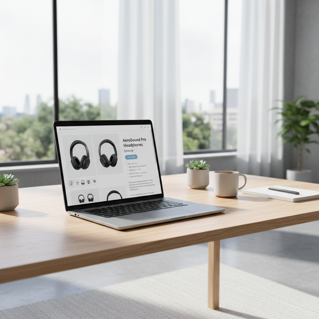 Luxury e-commerce product page on desktop monitor, elegant white and gold design, bright studio environment