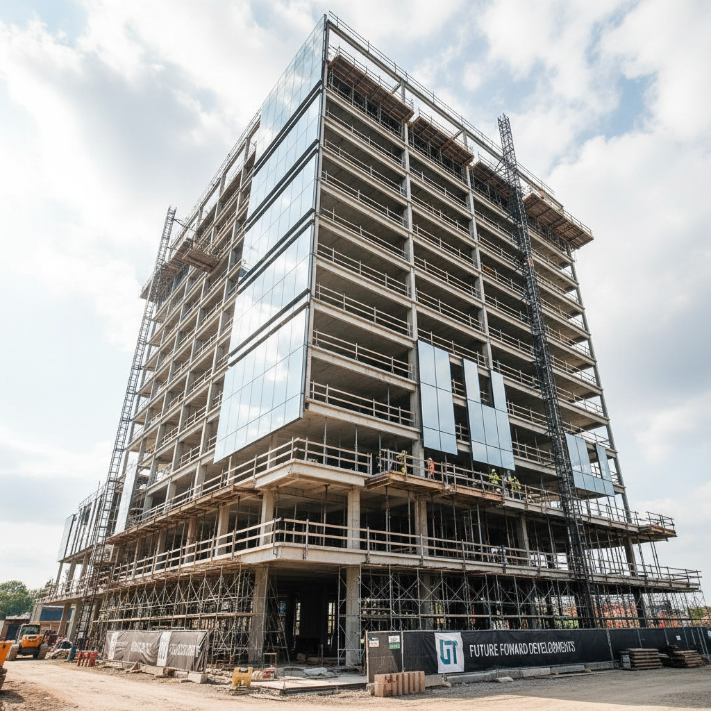 Modern glass office tower under construction with steel scaffolding, overcast cloudy sky, dark steel frame, dramatic low-angle view