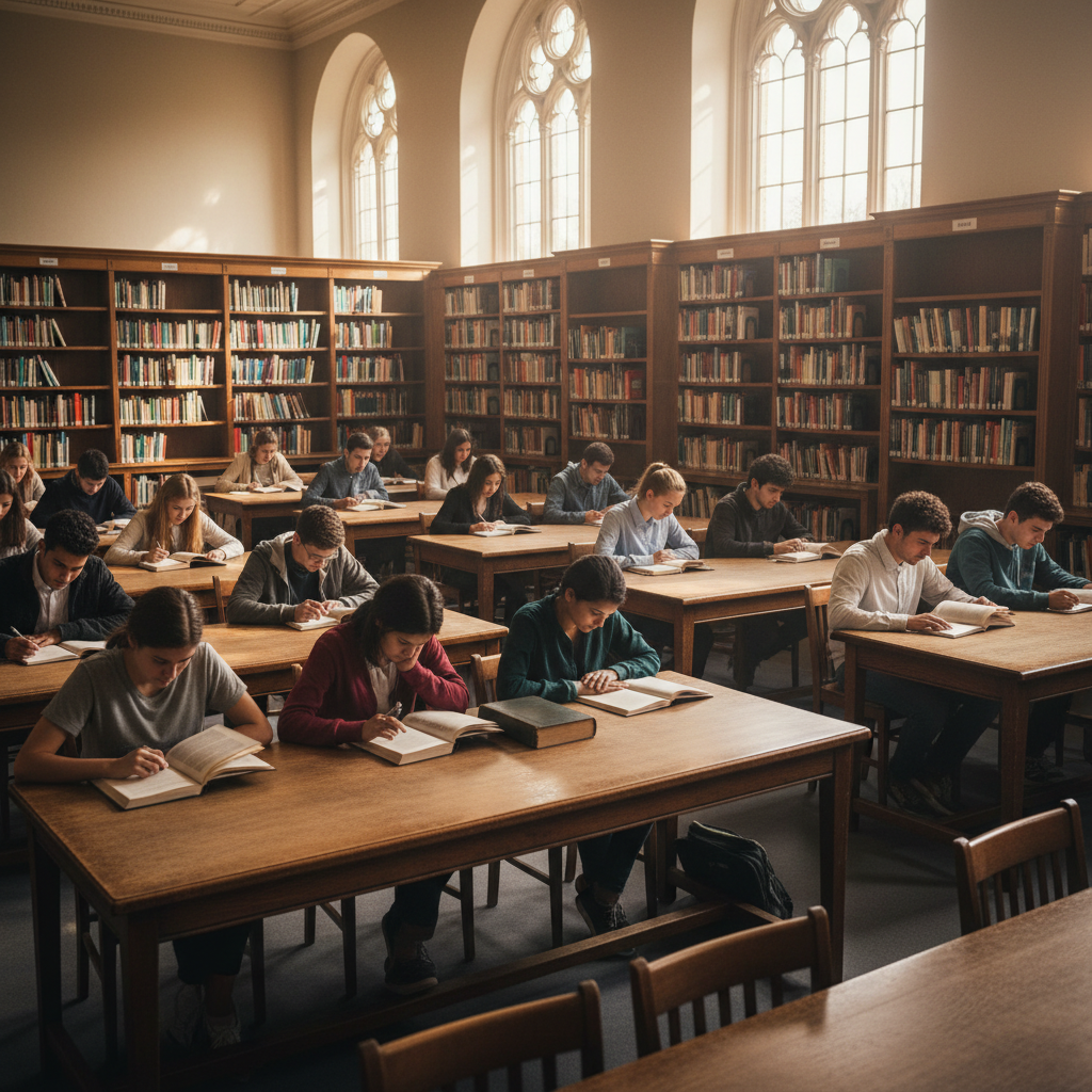 School library with bookshelves and reading tables
