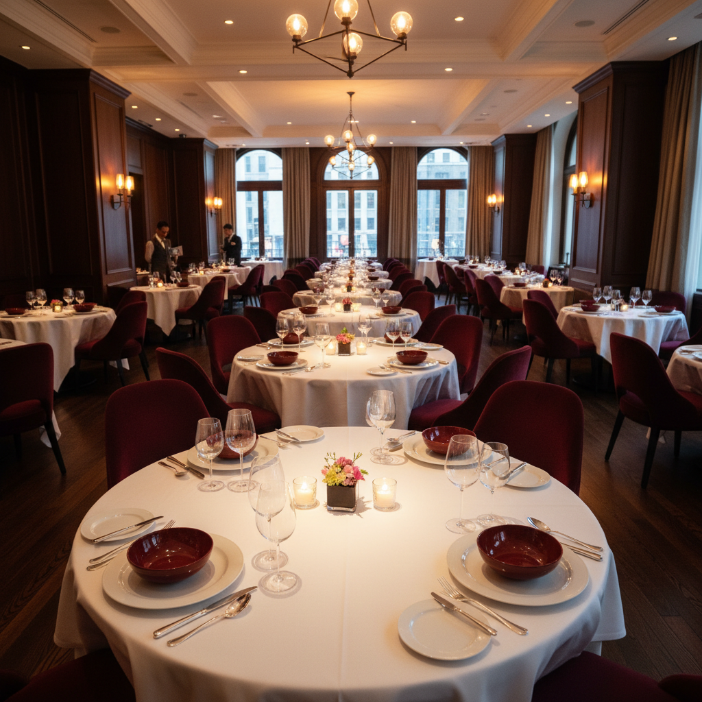 Atmospheric fine dining room with warm tungsten lighting, white linen tables and lacquerware accents
