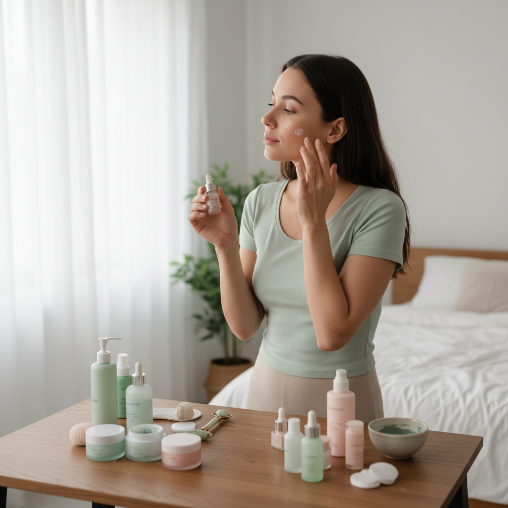 Skincare routine guide showing various beauty products and application techniques