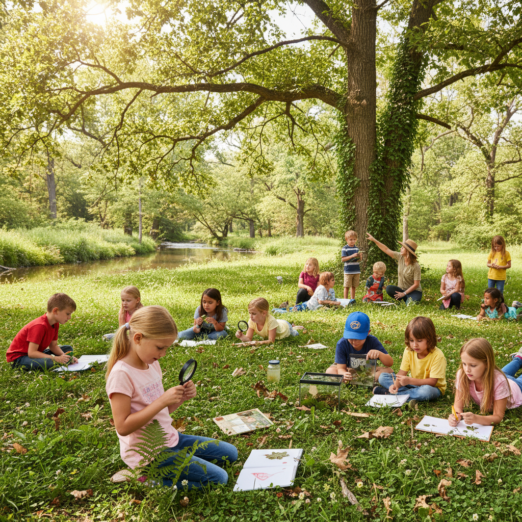 Students learning outdoors in forest, bright educational environment with natural light