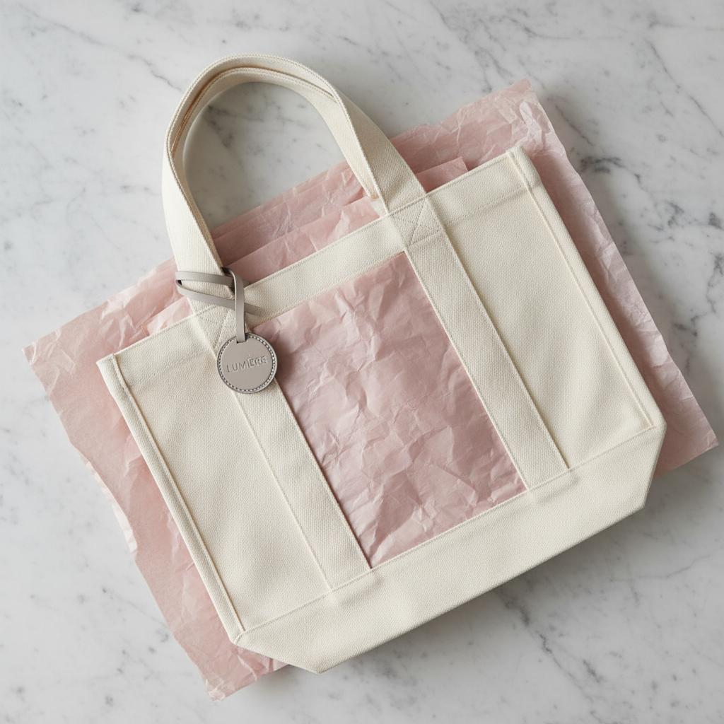 Cream minimalist linen tote bag on white marble surface, bright natural light