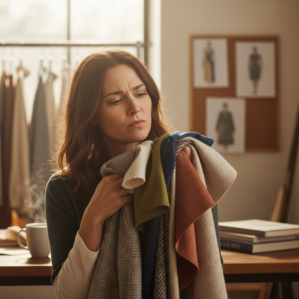 Fashion designer reviewing fabric swatches and sourcing samples in a studio environment