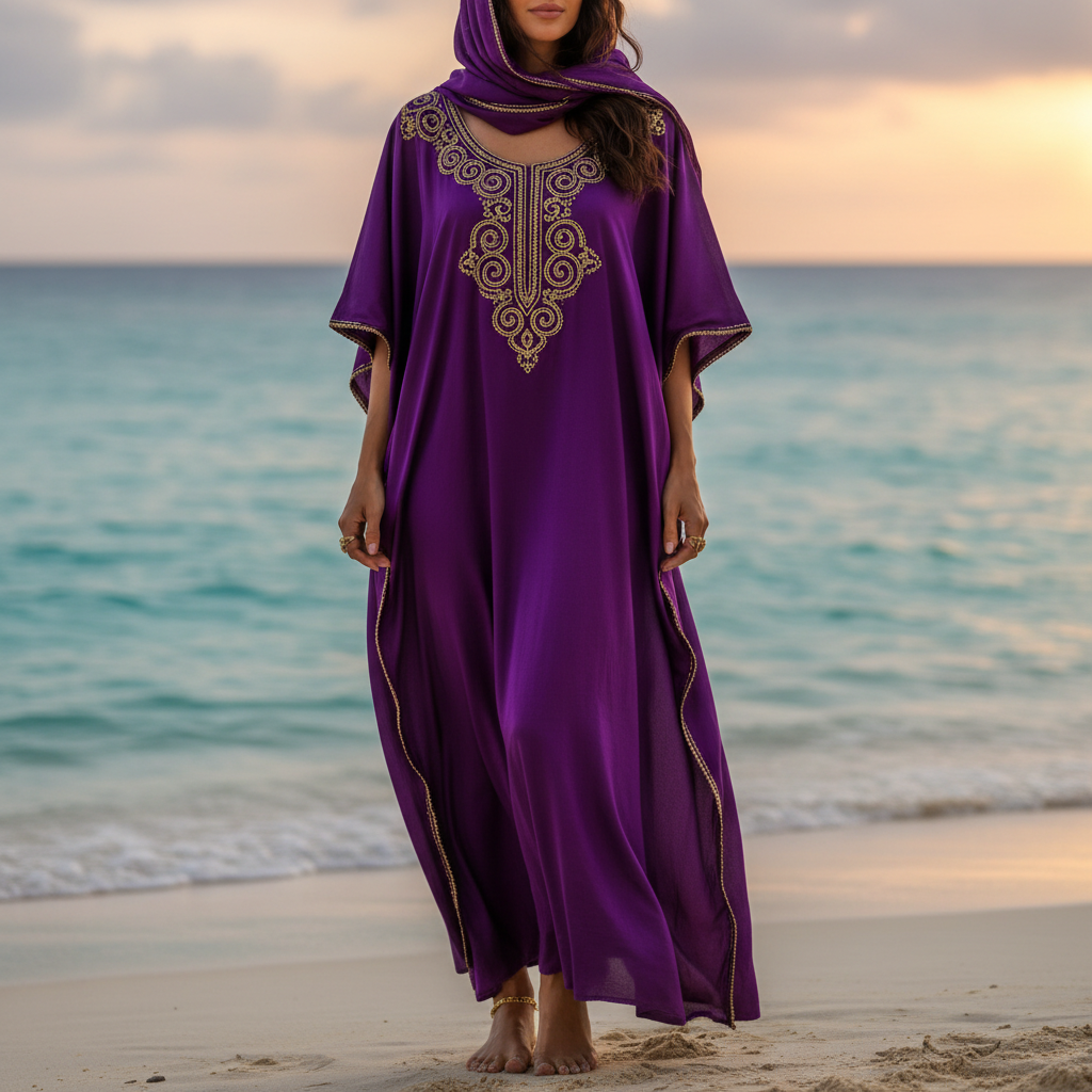 Elegant flowing kaftan in rich gold and deep burgundy fabric, dramatic event styling, warm lighting