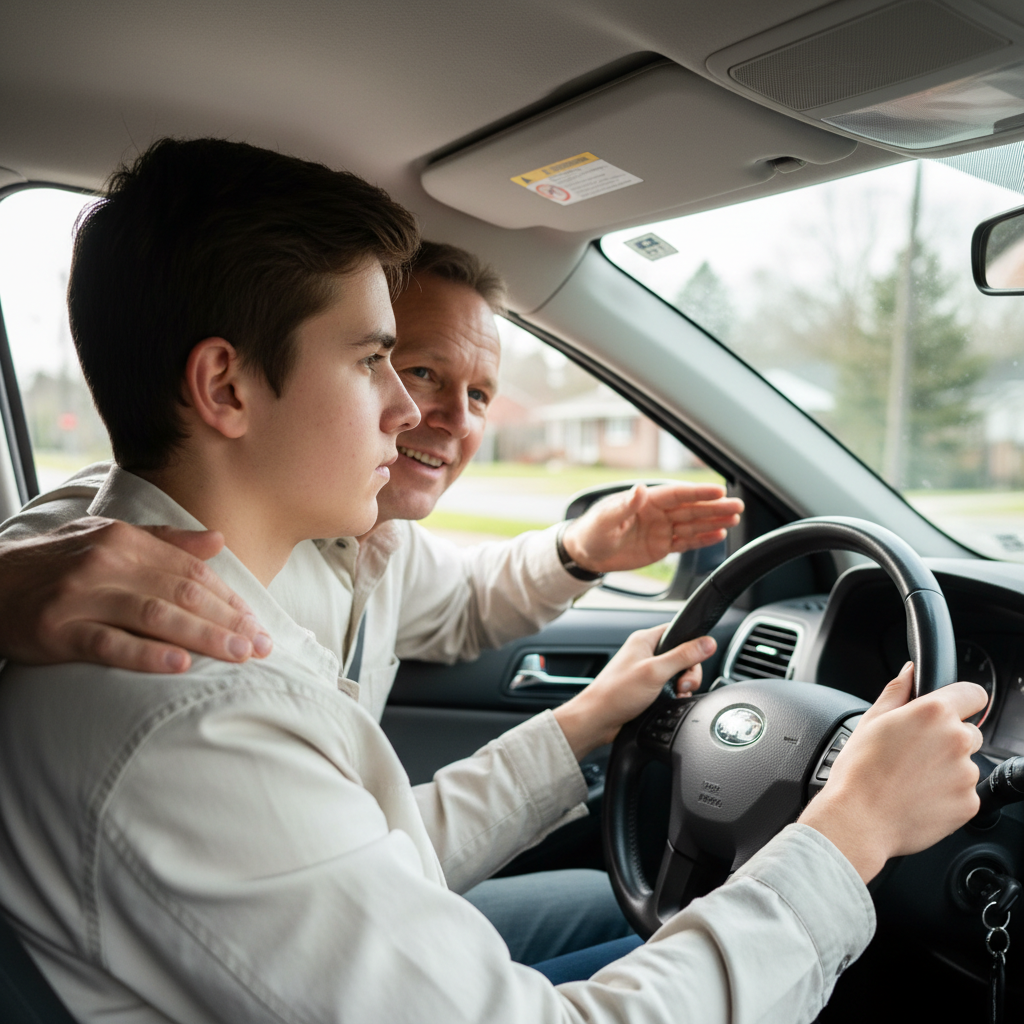 Jeune conducteur en conduite accompagnée avec parent, formation auto-école