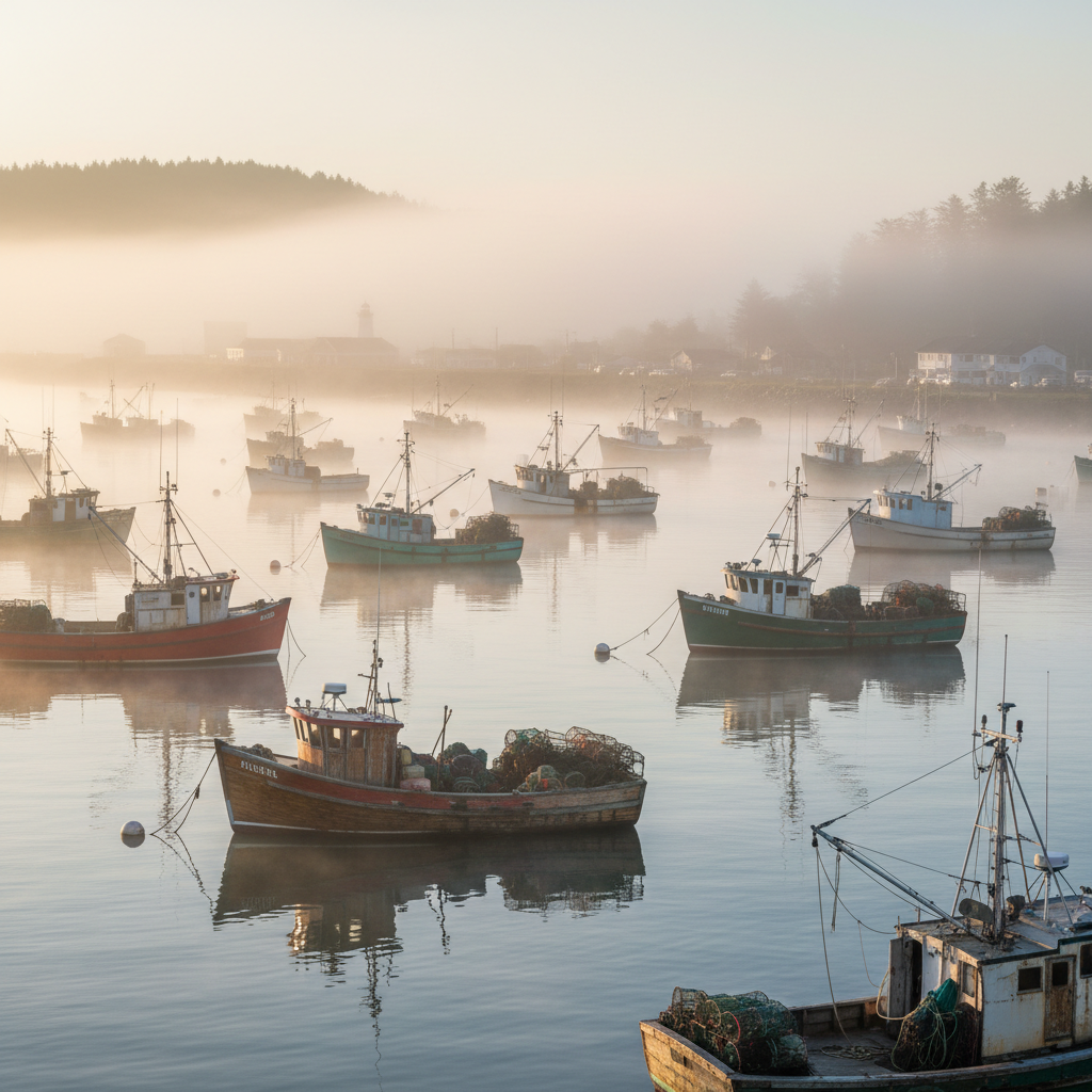Fishing boats at dawn in Fort Bragg California harbor, morning mist over the Pacific Ocean