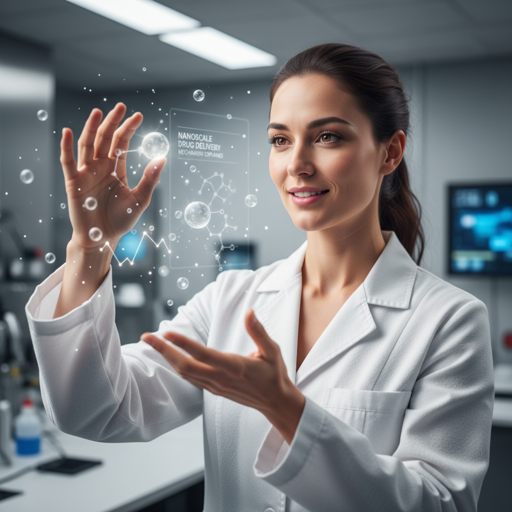 Dr. Mira Okonkwo, lead researcher in nanorobotics oncology, hands mid-gesture explaining nanoscale drug delivery mechanism