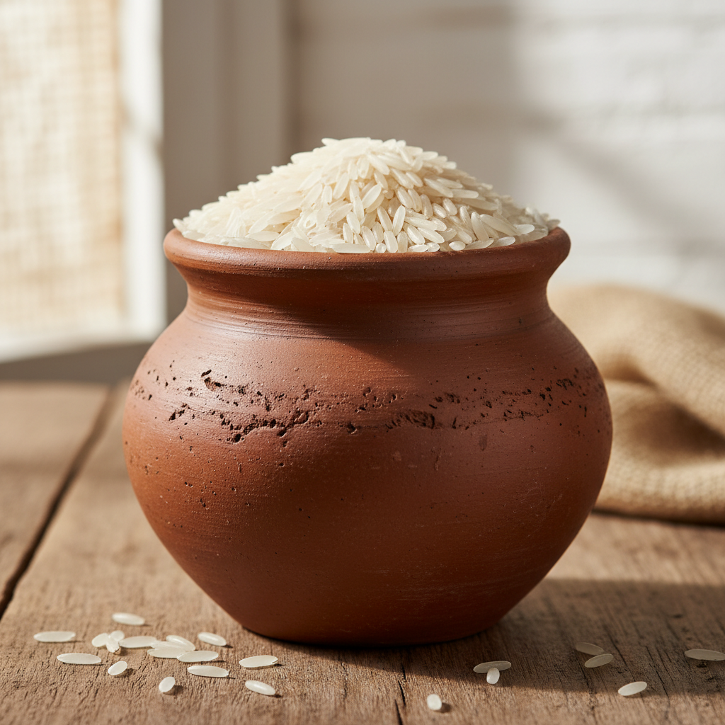 Long-grain aged basmati rice in a wooden bowl with warm golden light