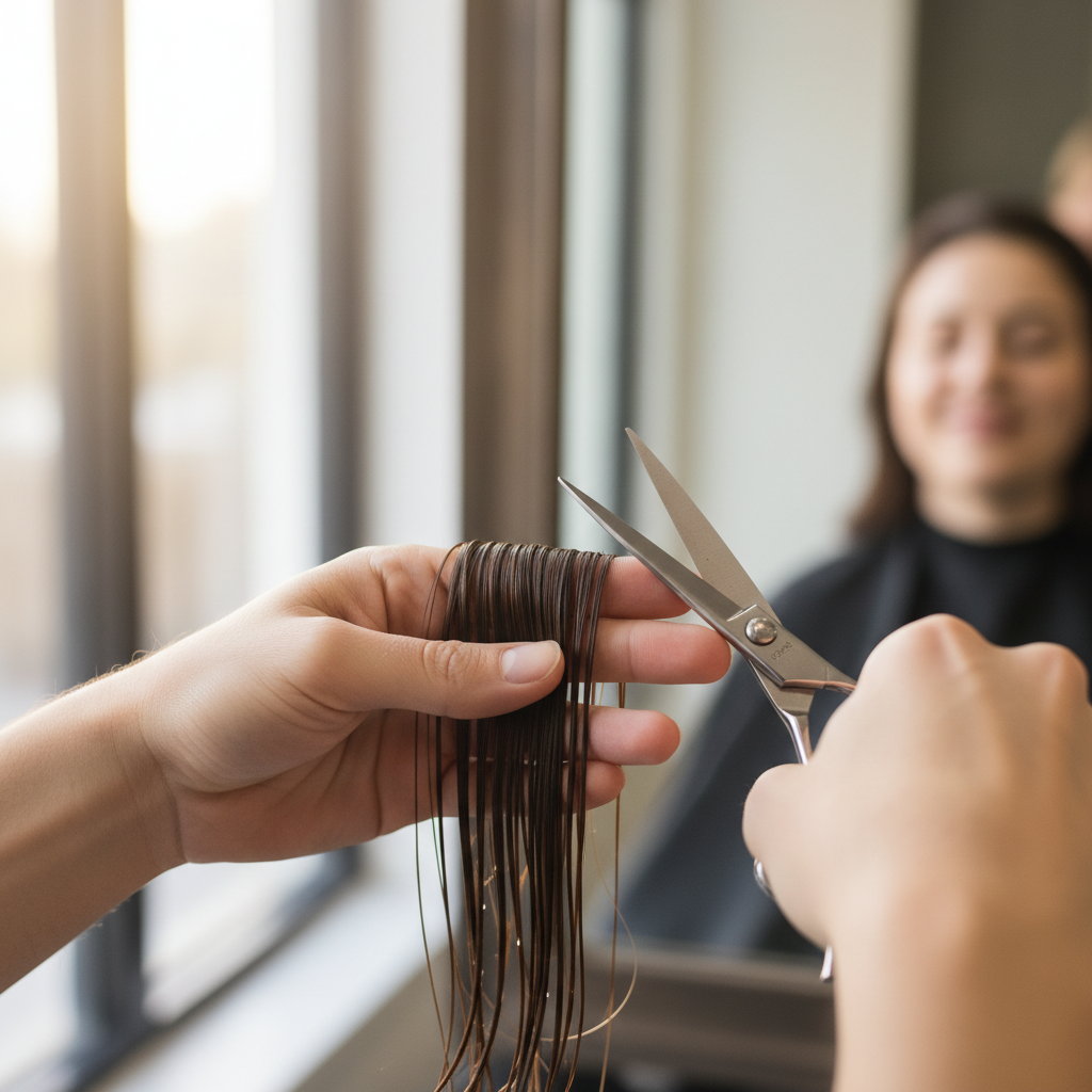 Stylist's hands mid-cut with shears open against wet hair, mirror reflecting client's closed eyes and faint smile, natural window light