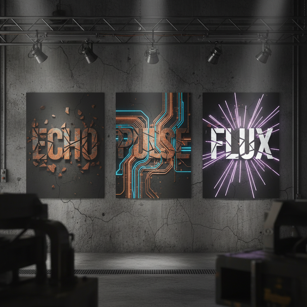 Experimental typography poster series with bold letterforms in warm tones on textured cream paper
