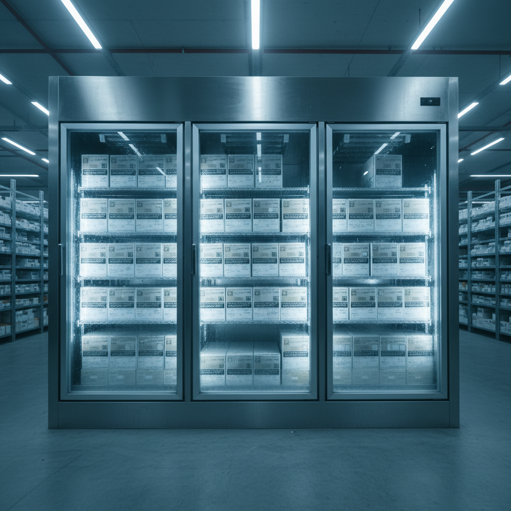 Refrigerator unit in warehouse showing rows of film boxes stored at cold temperature