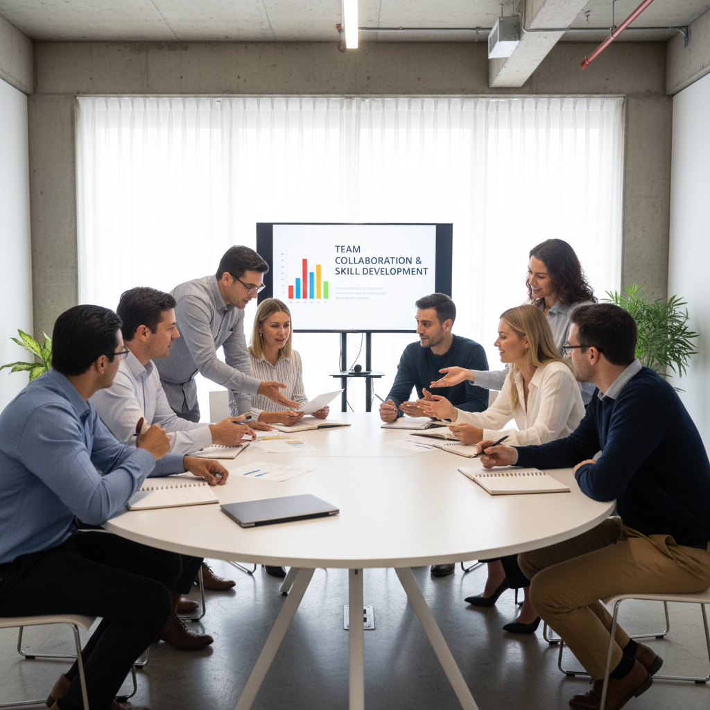 Diverse team of professionals gathered around whiteboard, collaborative workspace, dark modern office