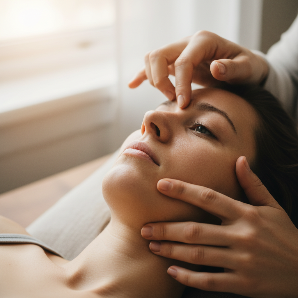 Gentle facial massage with soothing cream on sensitive skin in a calm, minimalist spa environment