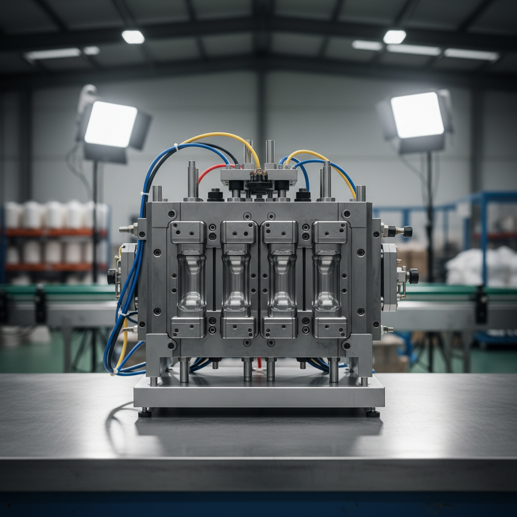 Plastic blow moulding machine in factory producing plastic bottles and containers, industrial plastic manufacturing equipment