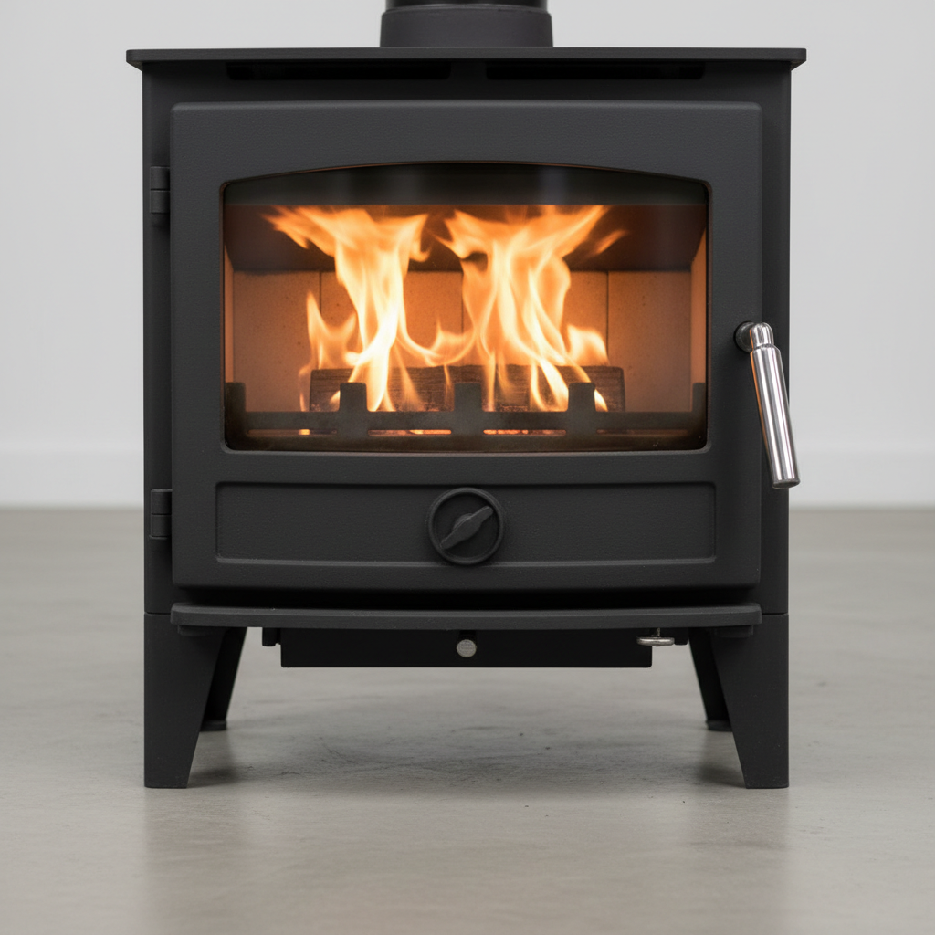 Clearview Vision 500 wood burning stove, panoramic glass door, polished steel handles