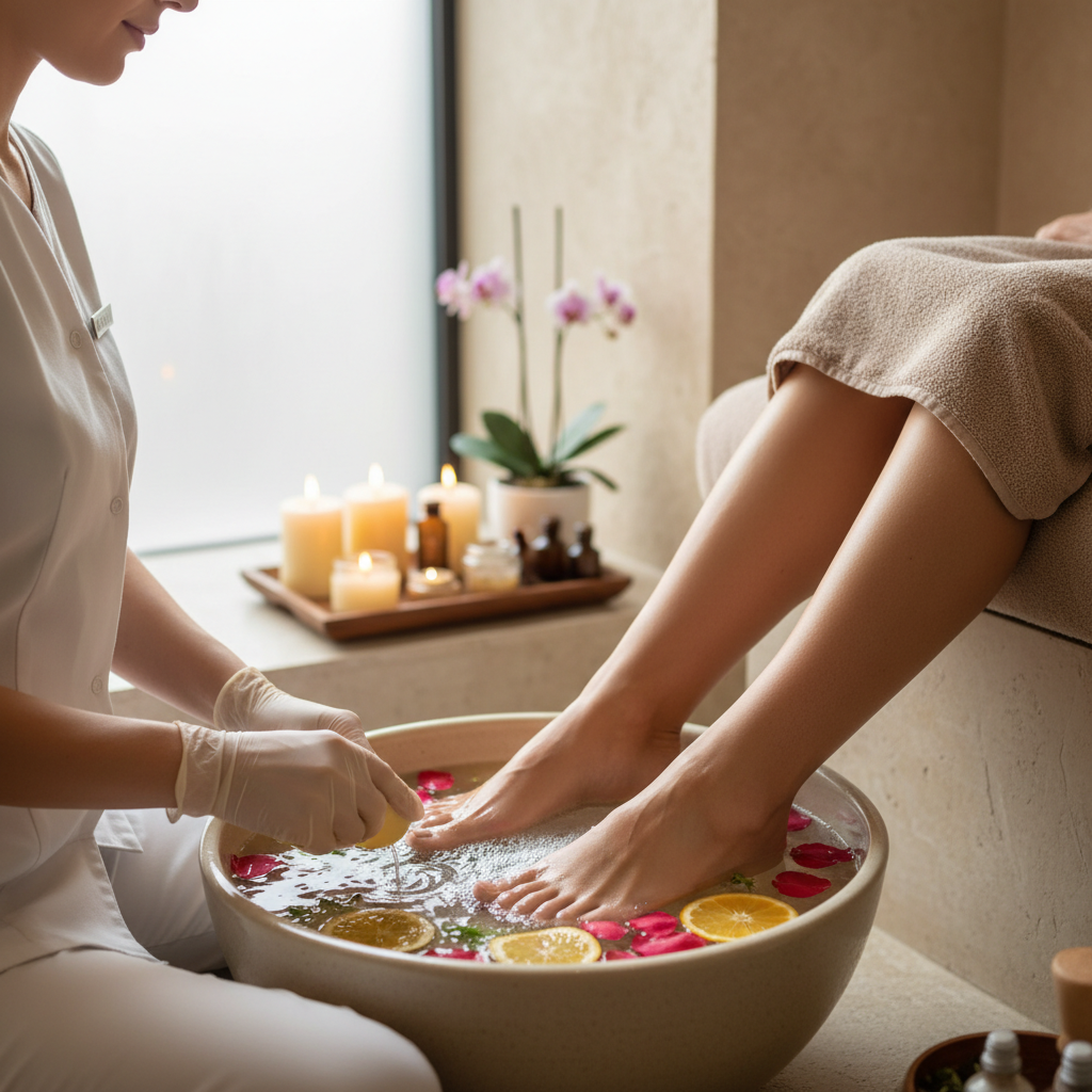 Relaxing spa pedicure with warm foot soak, pink rose petals floating in water, soft blush lighting