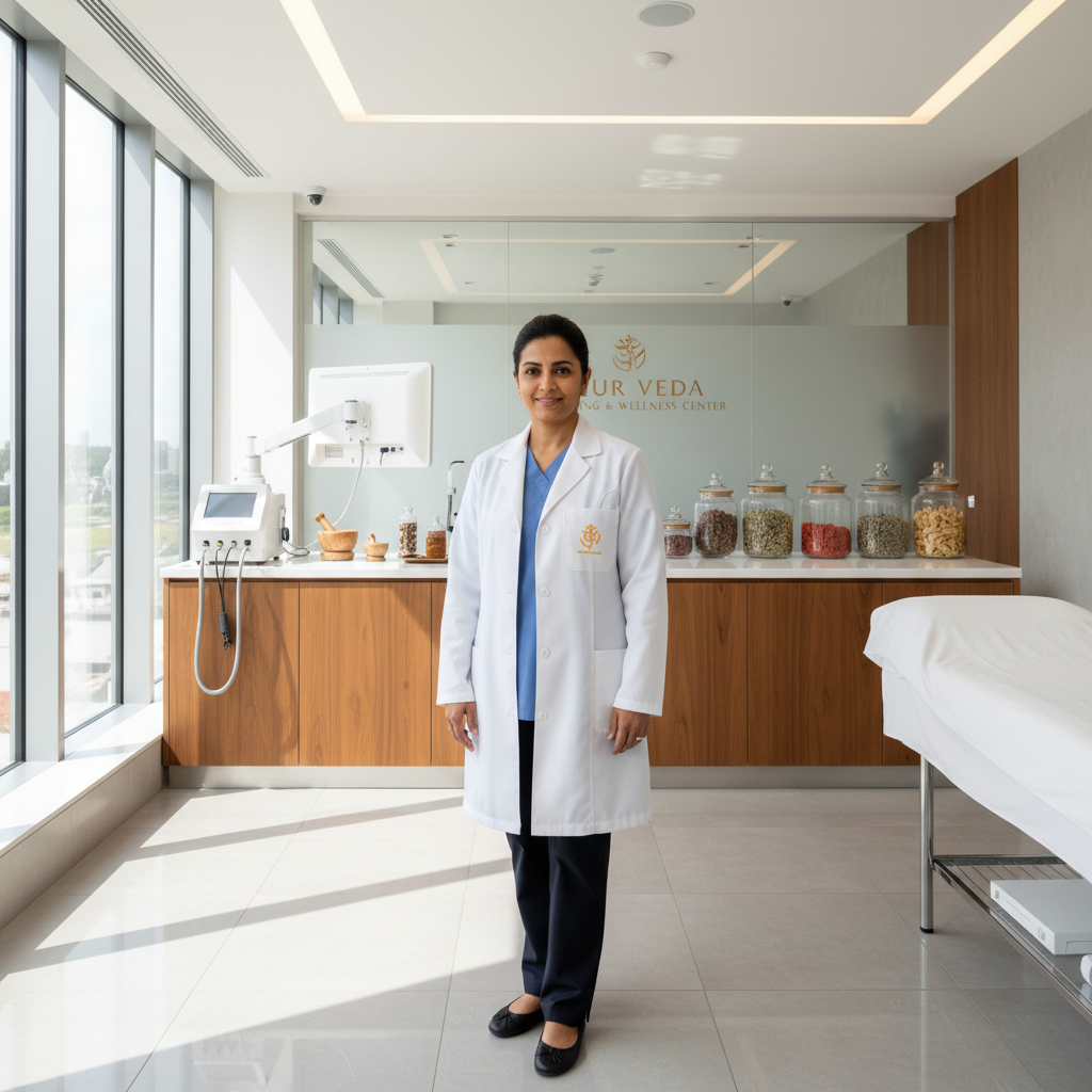 Professional doctor in white coat in bright modern clinic, confident physician standing in well-lit medical office with natural light
