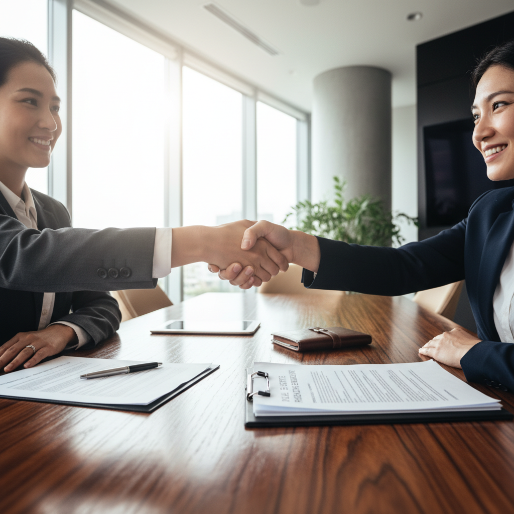 Deux personnes se serrant la main lors d'une signature de contrat immobilier sur un bureau en bois