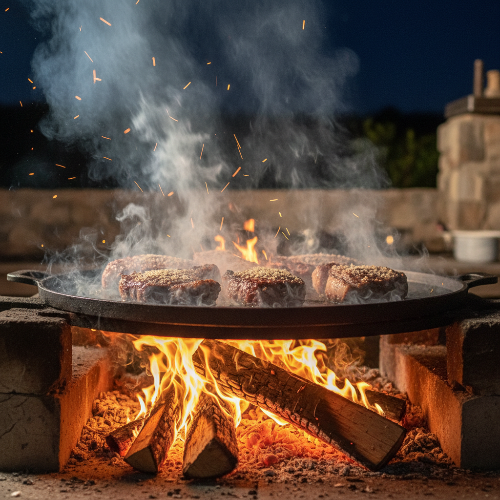 Lomito steaks sizzling on a wood-fired plancha, fat rendering into flame with smoke curling upward