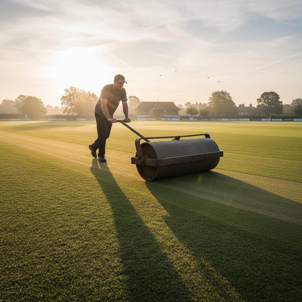 Groundskeeper dragging a heavy roller across a cricket pitch at dawn, long shadows stretching across the freshly cut outfield grass